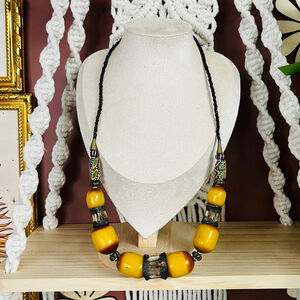 Tribal Bone Beaded Necklace | Yellow Multicolor Chunky Ethnic | Wicca Witch Boho